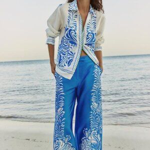 Zara Printed Satin Collared Shirt Ecru White Blue Size M (2815/183 / 080) NWT